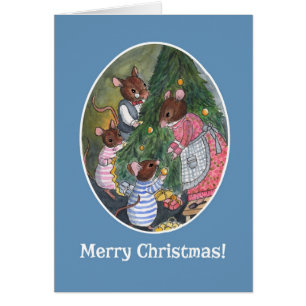 Familia De Ratones Cutos Decorando Árbol De Navida