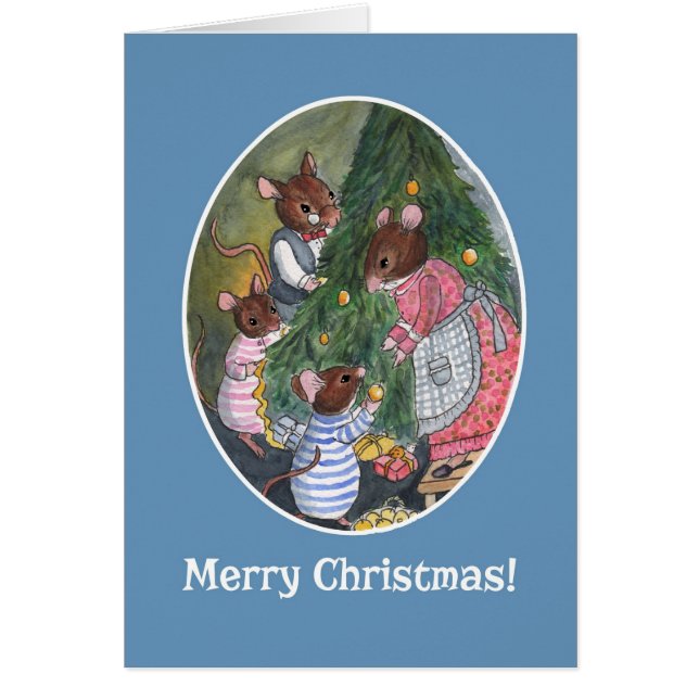 Familia De Ratones Cutos Decorando Árbol De Navida (Frente)