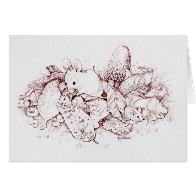 Familia del ratón en las hojas de la caída, setas, (Anverso (Horizontal))