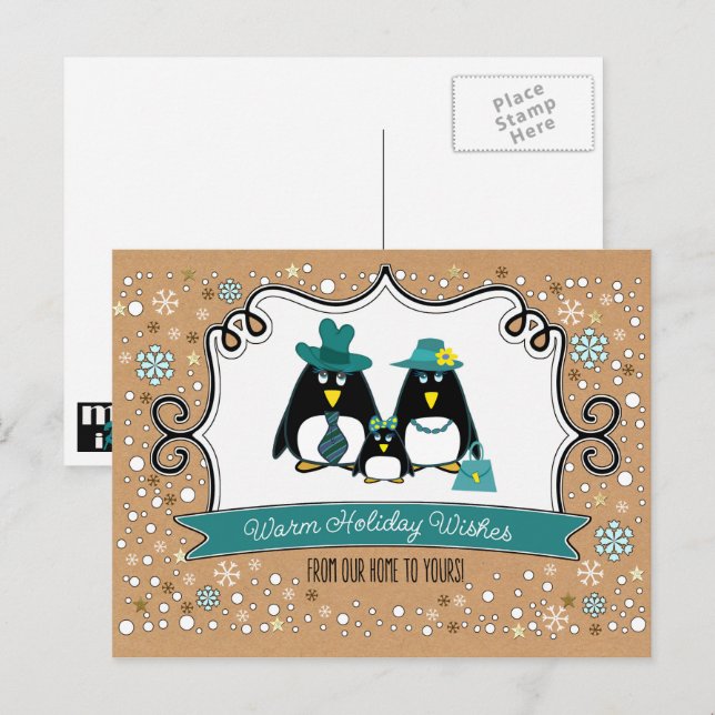 Familia divertida de pingüinos con tres postales N (Anverso / Reverso)