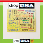 Familia Fab Guay Word Cloud rompecabezas rompecabe<br><div class="desc">Nombre de familia modificable Nube de palabras. Espacio para un NOMBRE FAMILIAR y cuatro nombres. Las fuentes son diversas y el fondo es un gradiente de cítricos amarillo.</div>