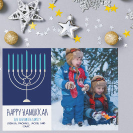 Familia Feliz Hanukkah Foto Tarjeta Menorah Azul