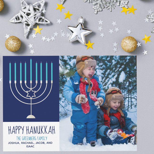 Familia Feliz Hanukkah Foto Tarjeta Menorah Azul (Subido por el creador)