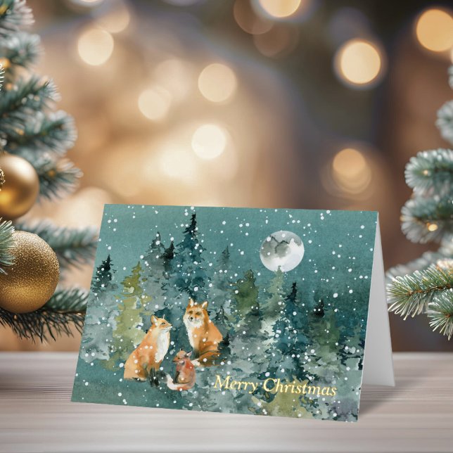 Familia Fox en la nieve de la luna llena de bosque (Fox Family in Forest Full Moon Snowfall Foil Greeting Card)