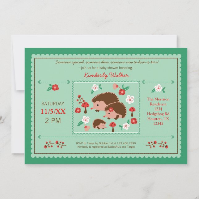 Familia Hedgehog Invitación a Baby Shower Unisex (Anverso)