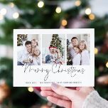 Familia moderna 3 fotos Script Merry Christmas Car<br><div class="desc">Familia Moderna 3 Fotos Script Merry Christmas. Simplemente reemplace las tres fotos de ejemplo con las propias y personalícelas con su saludo y nombres en la parte inferior. Feliz Navidad está en un elegante guión.</div>