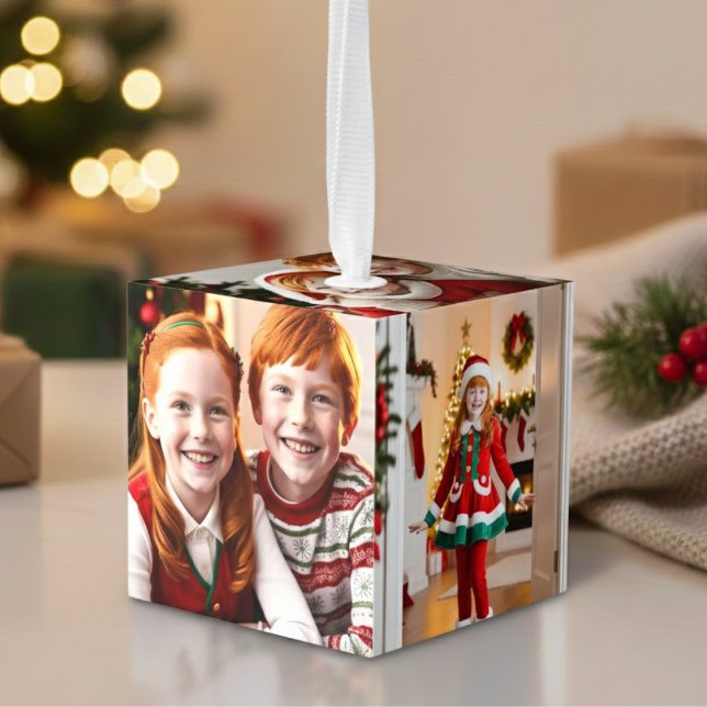 Familia personalizable Foto Cubo de Ornamento de N (Customizable Family Photo Christmas Ornament Cube)