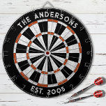 Familia personalizado Nombre tablero blanco negro<br><div class="desc">Personalice este rústico tablero de dartboard en blanco y negro con su nombre familiar y fecha establecida. Diseñado para ti por Blackberry Boulevard.</div>