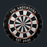 Familia personalizado Nombre tablero blanco negro<br><div class="desc">Personalice este rústico tablero de dartboard en blanco y negro con su nombre familiar y fecha establecida. Diseñado para ti por Blackberry Boulevard.</div>