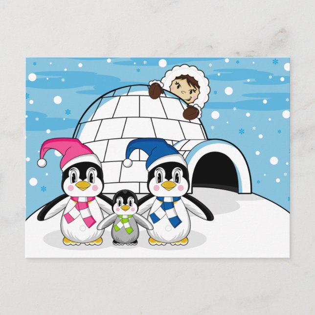 Familia Pingüino y postal esquimo (Anverso)