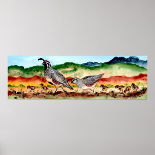 Familia Quail con Poster de arte de Peeps Southwes