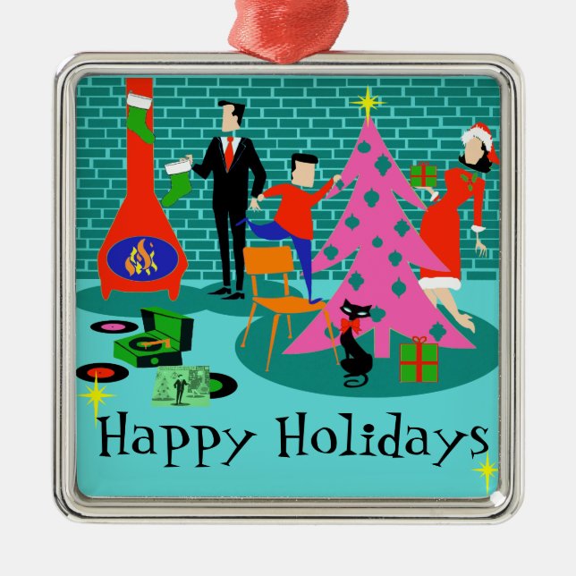 Familia retra que arregla el ornamento del árbol (Frente)