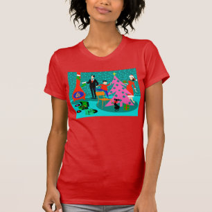 Familia retra que arregla la camiseta del árbol d