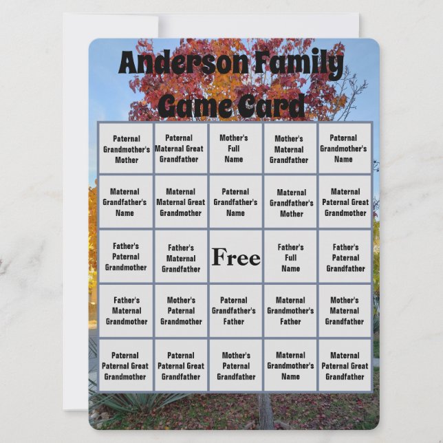 Familia Reunión Nombre Juego de Bingo Árbol de oto (Anverso)
