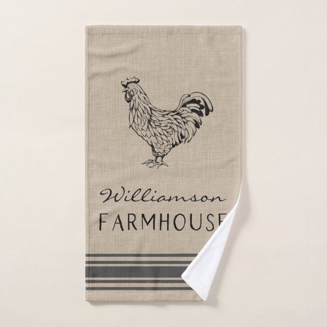 FAMILIA RÚSTICA ROOSTER FARMHOUSE NOMBRE BURLAP (Toalla de mano)