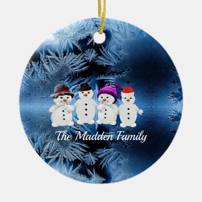 Familia Snowmen de Cuatro Ornamentos Cerámicos (Frente)