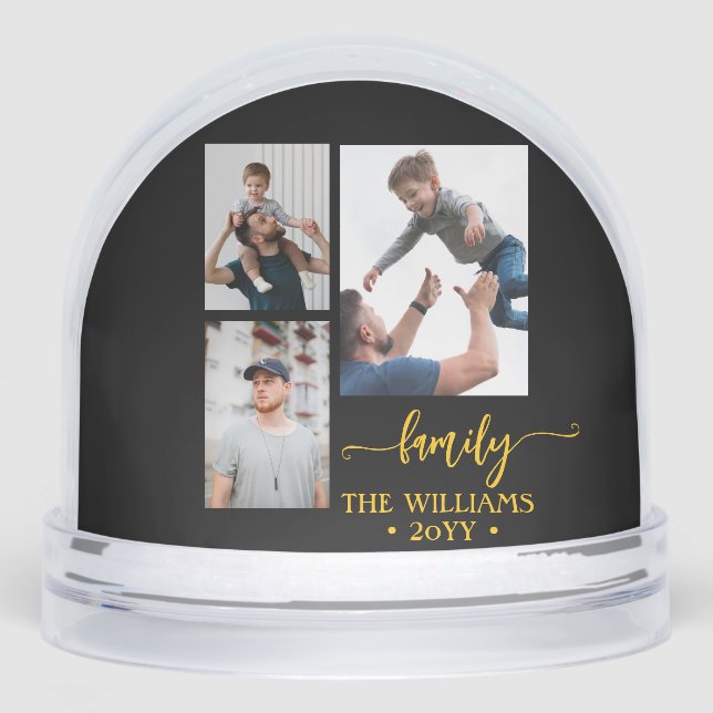family 3 photo collage black gold script magnet (Anverso)
