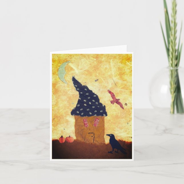 Fanciosa tarjeta de saludo de Halloween con casa,  (Anverso)