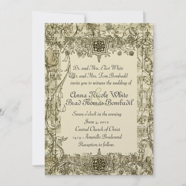 Fancy Antique Music Wedding Invitación (Anverso)