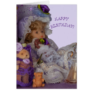 Fancy Birthday card bonitos muñecas chica púrpura 