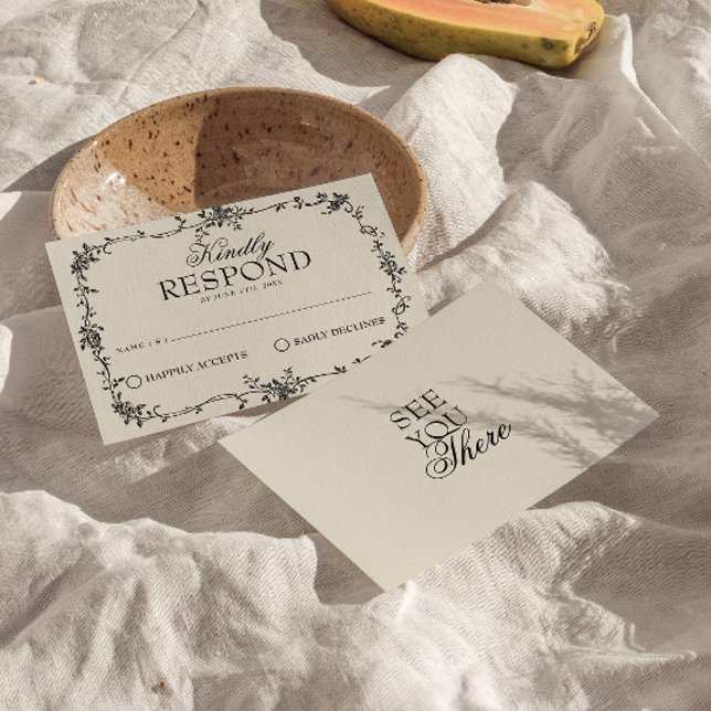 Fancy Black Cream Floral Boho Boda RSVP (Subido por el creador)