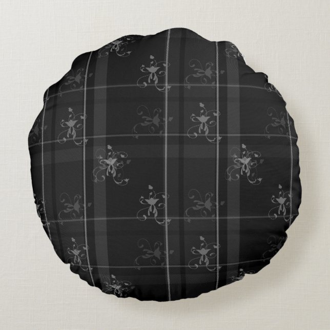 Fancy Black Plaid Algodón Redondo Cojín (16") (Reverso)
