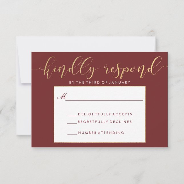 Fancy Burgundy & Gold RSVP Card (Anverso)