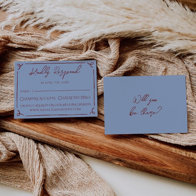 Fancy Deep Red Blue Frame Caprichoso RSVP de Boda (Subido por el creador)