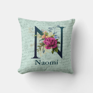 Fancy Floral Monograma inicial N Cojín decorativo