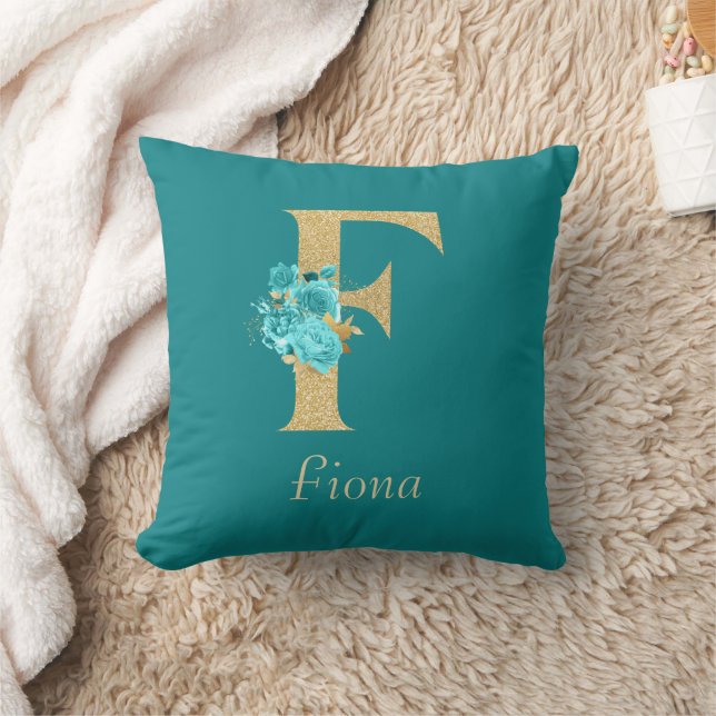 Fancy Gold & Aqua Floral Letter F Cojín decorativo (Manta)