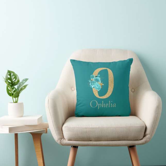 Fancy Gold & Aqua Floral Letter O Cojín decorativo (Silla)