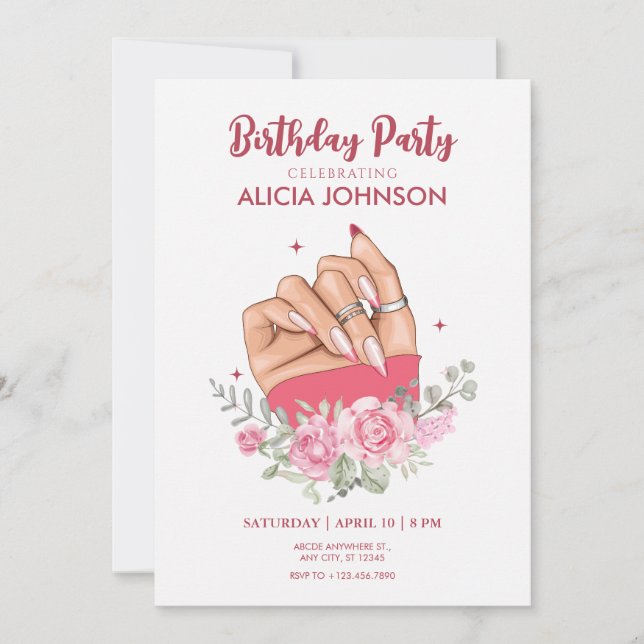 Fancy nail floral Birthday Party Invitación (Anverso)