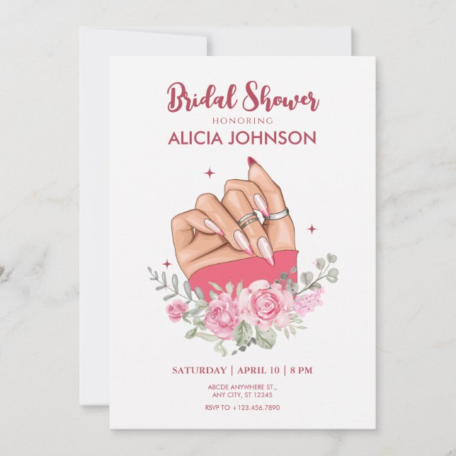 Fancy nail floral Bridal Shower Invitación (Anverso)