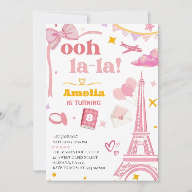Fancy Pink Paris Eiffel Tower Invitación Gingham (Anverso)