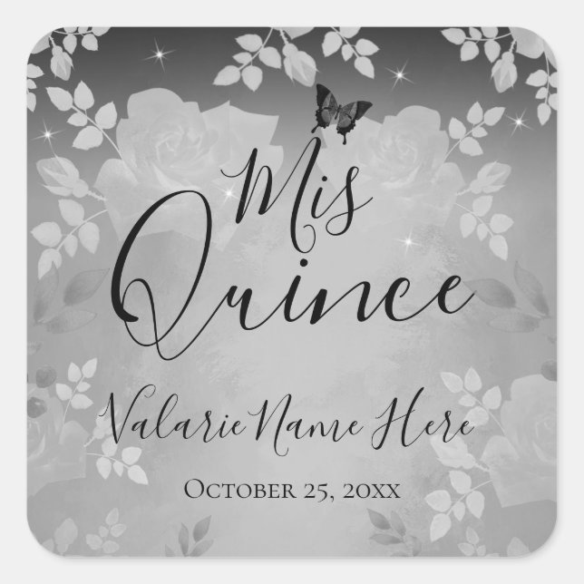 Fancy Rosas Quinceanera Silver Square Pegatina (Anverso)