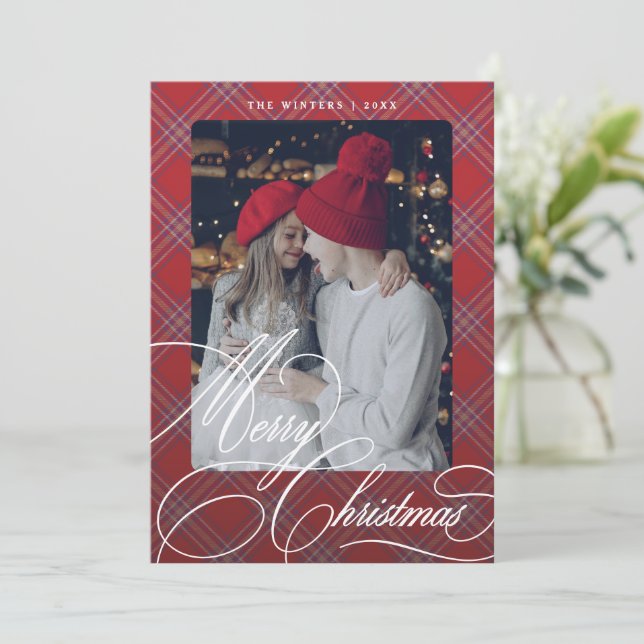 Fancy Script Plaid Personalizado Navidades Tarjeta (Anverso de pie)