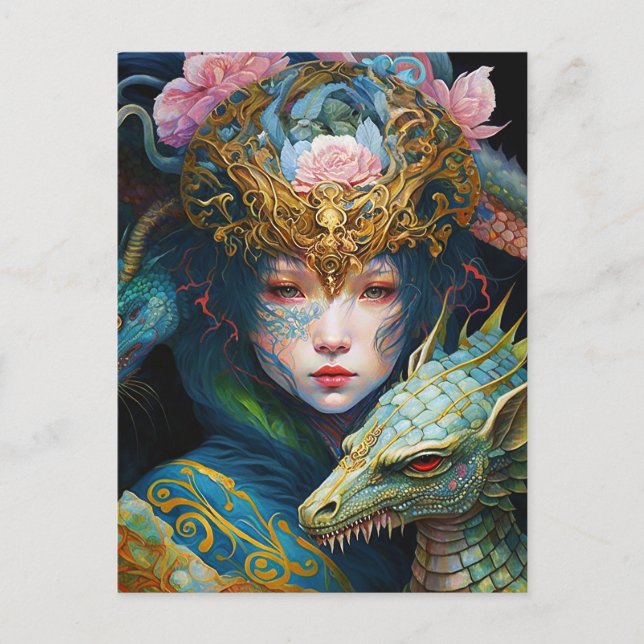 Fantasía Arte Dragón Diosa Reina postal (Anverso)