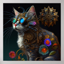 Fantasía atractiva de gato y flores de vapor arte 