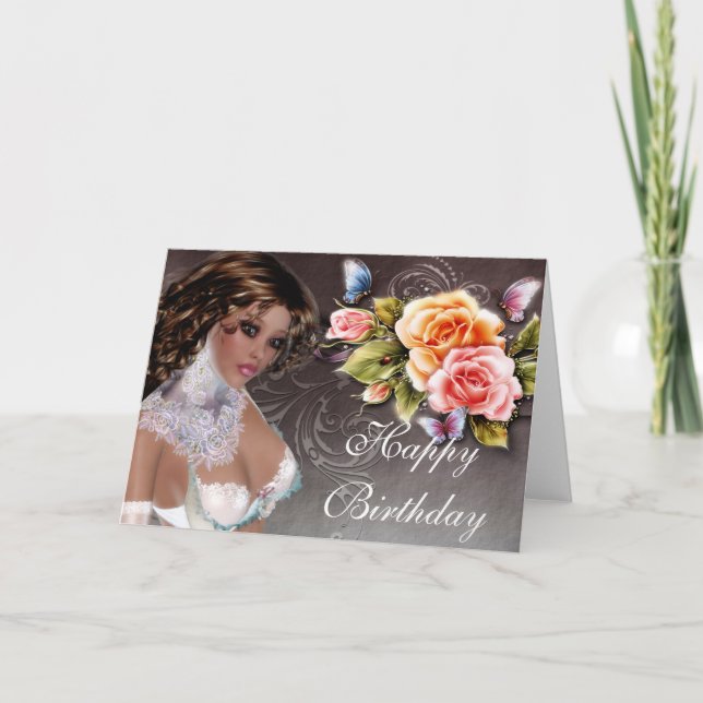 Fantasía Brunette con Rosas Tarjeta de cumpleaños  (Anverso)