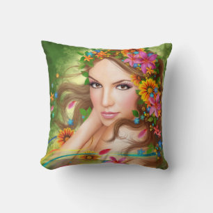 Fantasía de almohada Hermosa mujer de hadas con fl