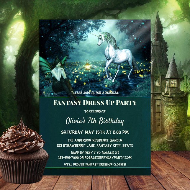 Fantasía de Unicornio Vestida Invitación a fiesta  (A magical birthday party invitation featuring an enchanted garden scene with a fairy and unicorn.)