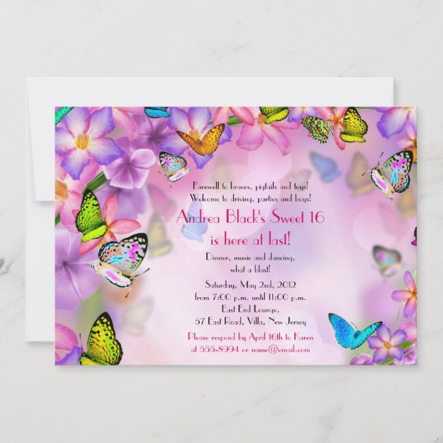 Fantasía Mariposas Flores Dulce 16 Invitación (Anverso)