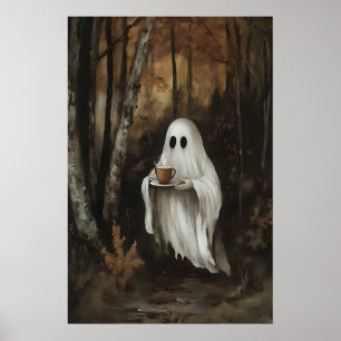 Fantasma bebiendo café en la impresión del bosque 