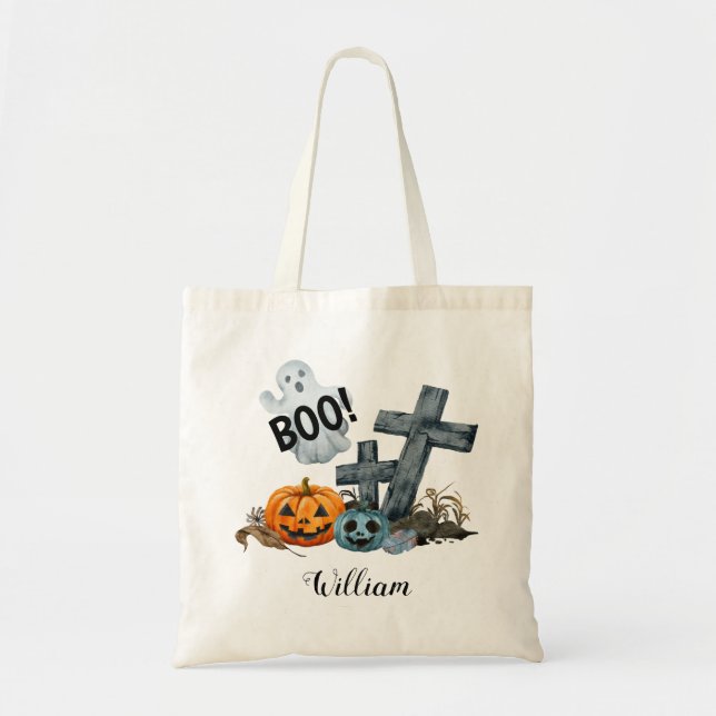 Fantasma Boo, cruces y calabazas Bolsa Tote de Hal (Frente)