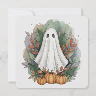 Fantasma con calabazas y tarjeta plana de hojas ot
