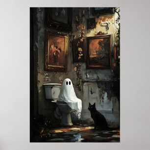 Fantasma con gato negro en impresión de inodoro, o
