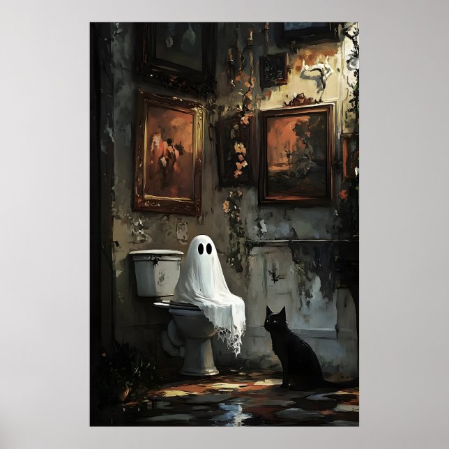 Fantasma con gato negro en impresión de inodoro, o (Frente)
