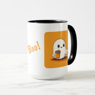 Fantasma de Halloween con taza de café y Boo!