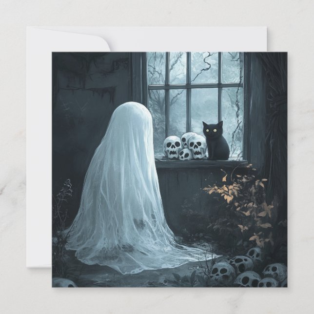 Fantasma, gato y cráneos de Halloween (Anverso)