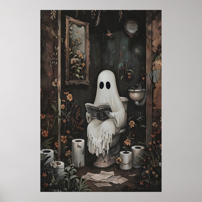 Fantasma leyendo periódico en impresión de inodoro (Frente)